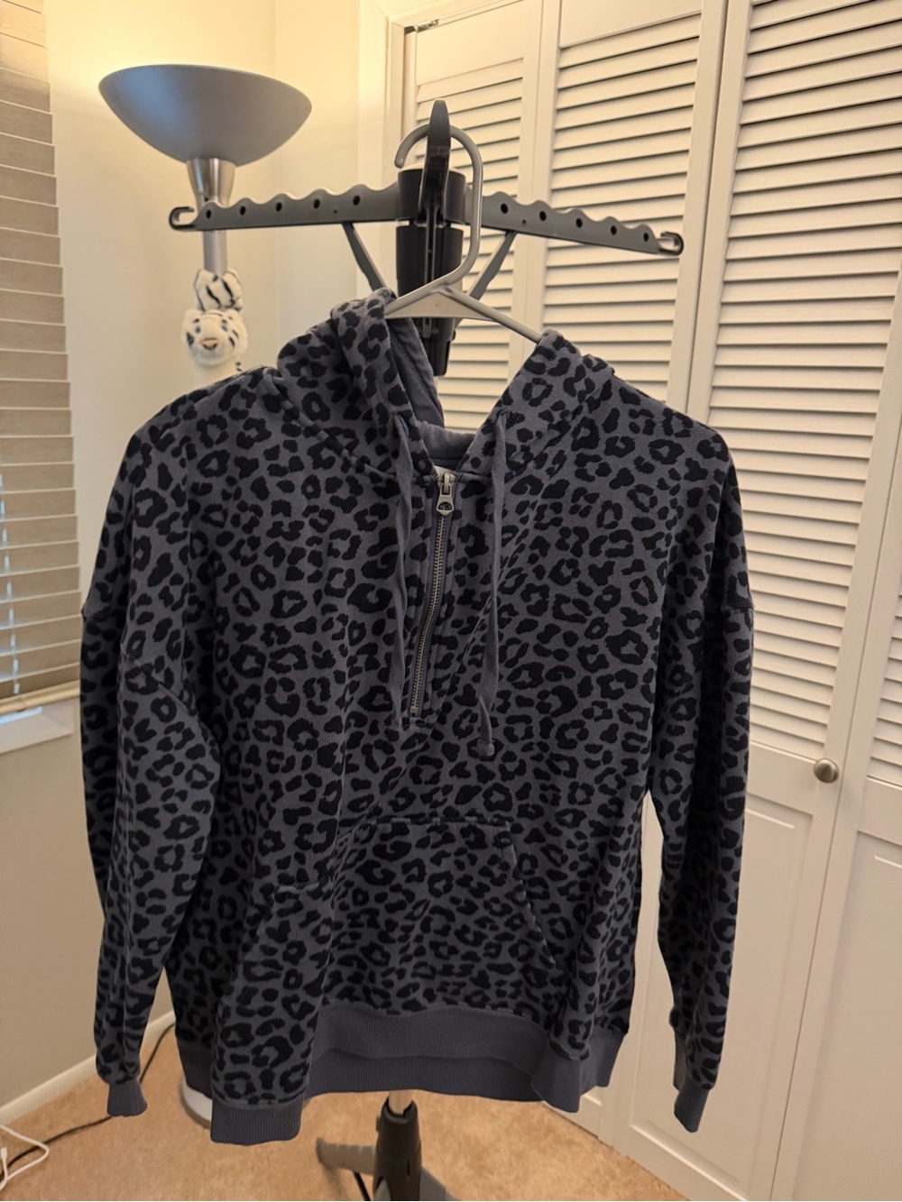 Time and Tru Gray and Black Leopard-Print Quarter-Zip Hoodie